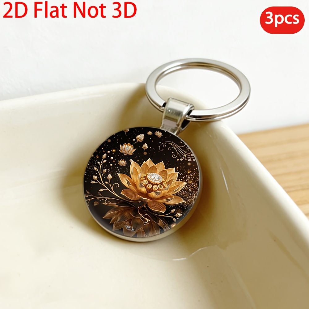 Dazzling Golden Lotus Themed Keychain, 3pcs Set